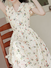 Load image into Gallery viewer, Apricot V Neck Floral Ruffles Cottagecore Puff Sleeve Vintage Dress