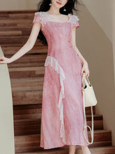 Load image into Gallery viewer, Pink Square Collar Lace Puff Sleeve Vintage Dress