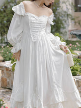 Load image into Gallery viewer, White Square Collar Long Lantern Sleeves Edwardian Ruffle Dress