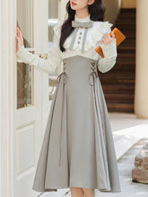 Load image into Gallery viewer, Grey Fake 2-Piece Vintage Ruffle Collar Bow Shirt Dress