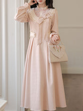 Load image into Gallery viewer, Vintage Pink Bow Long Sleeve Swing Dress
