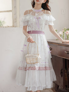 Elegant Victorian White Lace Off-Shoulder Dress
