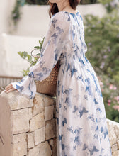 Load image into Gallery viewer, Blue Butterfly Print Long Sleeve Vintage Maxi Dress