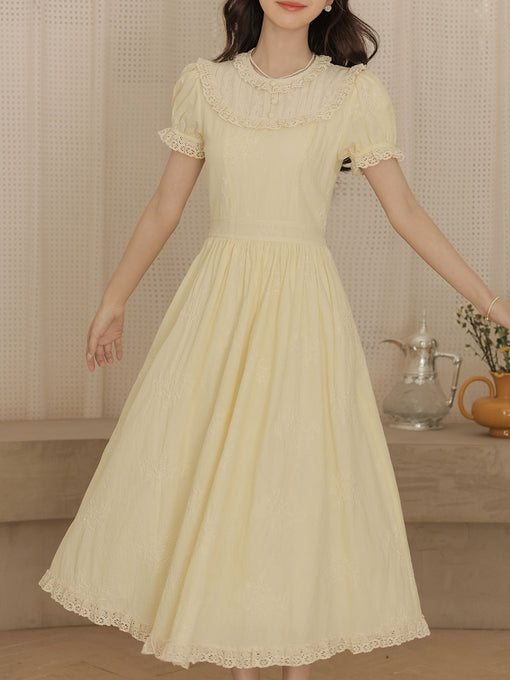 Retro Yellow Puff-Sleeve Dress with Lace Edging