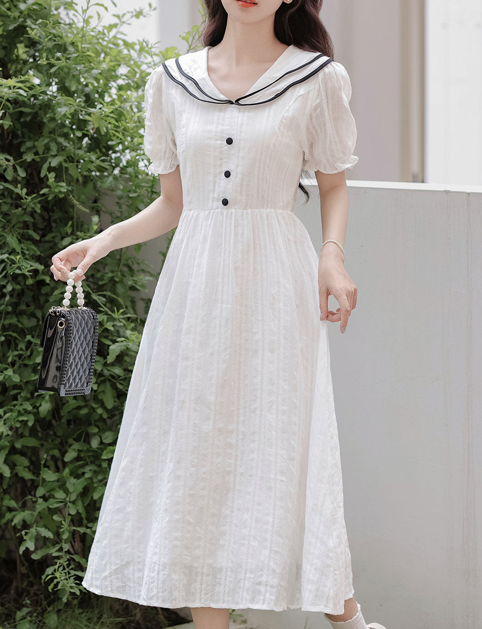 White Sailor Style 1950S Vintage Cotton Dress, White / XS