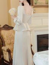 Load image into Gallery viewer, White Long Sleeve Wasp Waist Fake Two-piece Silk 1950S Vintage Wedding Dress