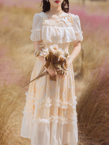 Yellow Square Neck Ruffle Short Sleeve Vintage Fairy Dress