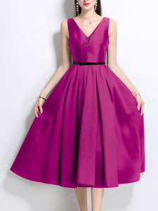 Purple Satin V Neck Sleeveless Classic 1950S Vintage Sweet Party Dress