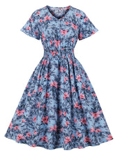 Load image into Gallery viewer, Blue Floral Print V Neck 1950S Vintage Dress