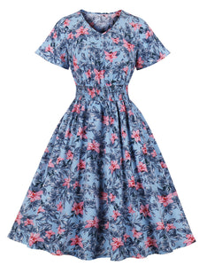 Blue Floral Print V Neck 1950S Vintage Dress