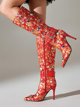Load image into Gallery viewer, 10CM Red Luxury Embroidered Stiletto Heel Boots Vintage Shoes