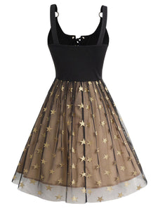 Gold and Black Star Sequin Lace-up 1950s Vintage Party Dress