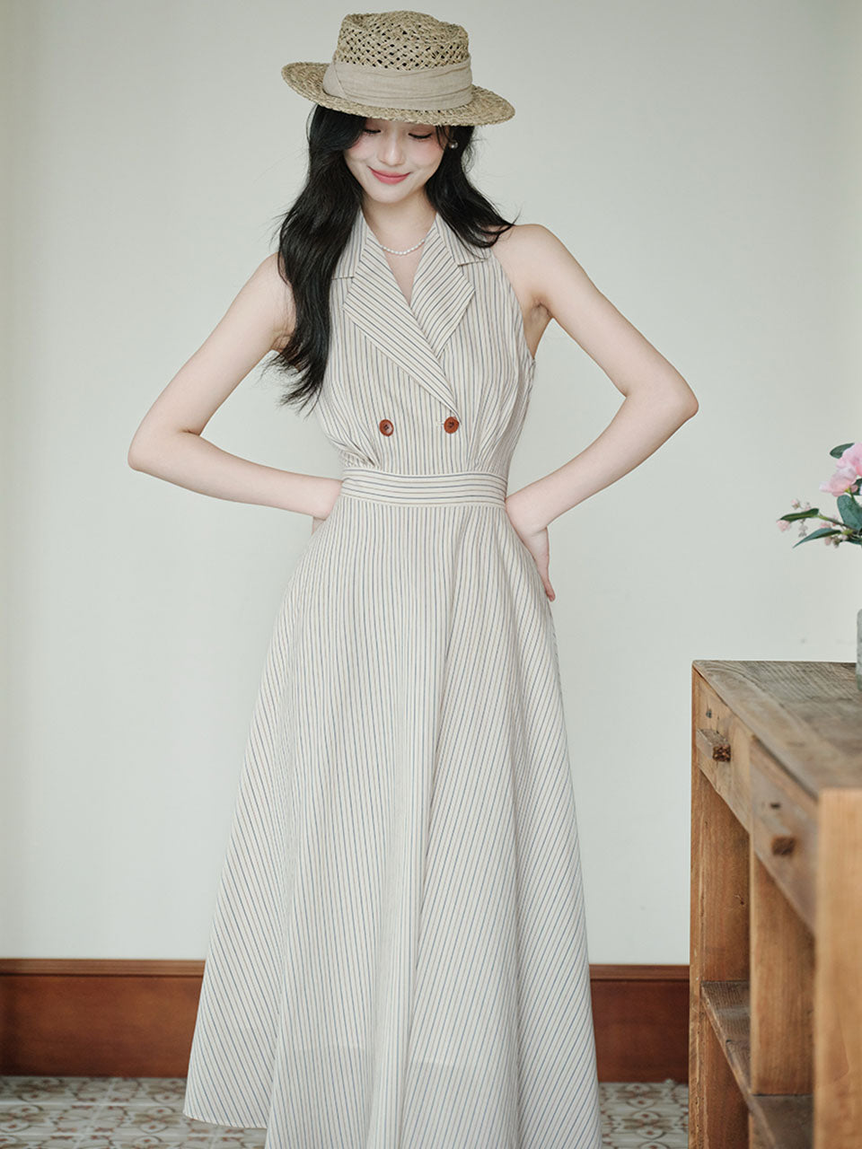 White V Neck Vertical Striped Vintage Dress, White / XS