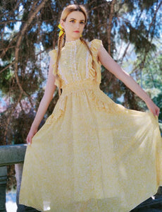 Yellow Floral Print Fuffles Vintage Princess Chiffon Maxi Dress