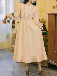 Apricot Stand Collar Ruffles Embroidered Swing Retro Dress