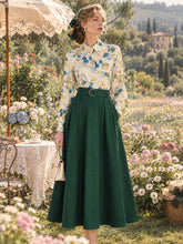 Load image into Gallery viewer, 1950s Vintage Floral Blouse &amp; Green High-Waist Swing Skirt Set