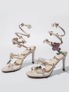 Luxury Strappy Rhinestone Wrap Around Heels Vintage Sandals