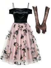 Load image into Gallery viewer, Vintage black off-shoulder spaghetti strap midi dress with pink butterfly tulle swing Dress