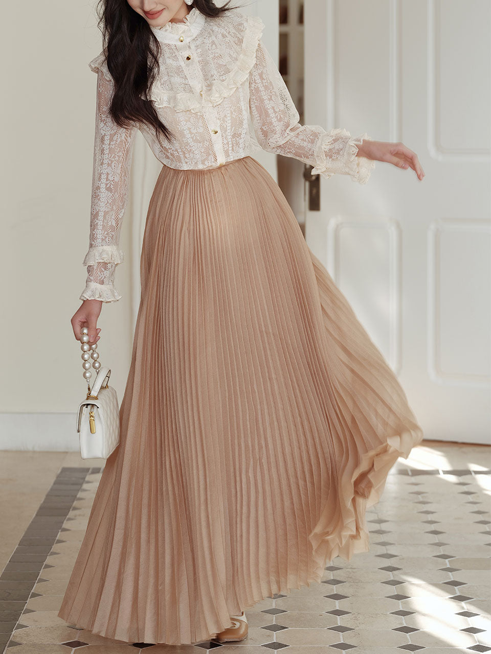 2PS White Victorian Lace Shirt and High Waist Pleated Skirt Vintage Dress Outfit, White/Camel / L 2PS White Victorian Lace Shirt and High Waist Pleated Skirt Vintage Dress Outfit, White/Camel / L