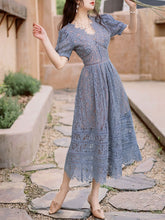 Load image into Gallery viewer, Blue Lace V Neck Puff Sleeve Vintage 1950S Dress