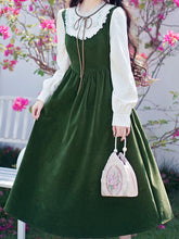Load image into Gallery viewer, Green Frilled Collar Cottagecore Long Sleeve Vintage 1950S Swing Dress