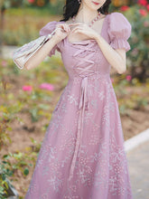 Load image into Gallery viewer, Pink Embroidered Square Neck Puff Sleeve Vintage Lace Up Dress