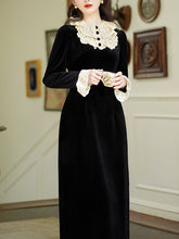 Load image into Gallery viewer, Black Velvet Lace Ruffles Edwardian Revival Dress