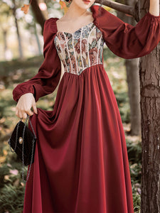 Wine Red Square Collar Floral Print Corset Long Sleeve Vintage 1950S Dress