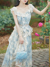 Load image into Gallery viewer, 2PS Blue Square Collar Lace Floral Print Sleeveless Top With Skirt Vintage 1950S Suit