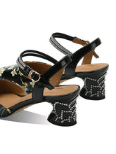 Load image into Gallery viewer, White Floral Print Rhinestone Chunky Heel Vinatge Shoes