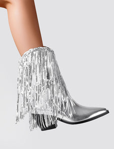 7CM Silver Fringed Chunky Heel  Boots Vintage Shoes