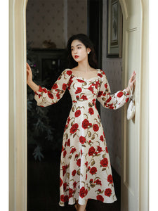 White Sweet Heart Collar Rose Print Long Sleeve Vintage Dress