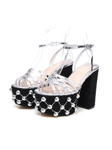 12CM Women's Open Toe Platform with Rivets Chunky Heel Sandals Leather Vintage Shoes