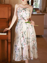 Load image into Gallery viewer, 2PS White Knitted Cardigan With Rose Print Spaghetti Strap 50S Vintage Dress Set