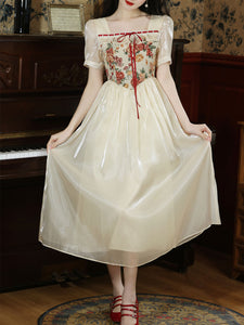 Apricot Square Collar Floral Print Corset Short Sleeve Vintage 1950S Dress