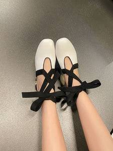 Luxury Round Heel Leather Mary Jane Ballet Lace Up Shoes