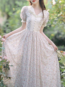 Pink Lace Floral Print Puff Sleeve Fairy Corecottage Dress