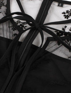 Black Semi Sheer Flower Embroidered 1950s Vintage Dress
