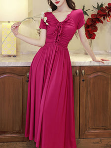 Rose Red V Neck Short Sleeve Vintage 1950S Dress