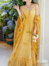 Load image into Gallery viewer, 2PS Yellow Bohemian Maxi Dress Set with Detachable Cardigan