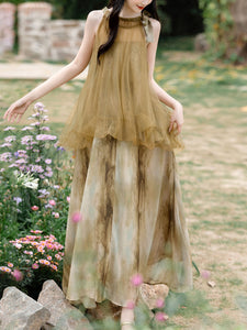 Brown Halter Neck Fake Two Piece Vintage Dress