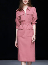 Load image into Gallery viewer, Nude Pink Turndown Collar Half Sleeve 1940S Vintage Dress With Pockets