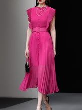 Load image into Gallery viewer, Rose Crew Neck Ruffles Pleated 1970S Vintage Dress