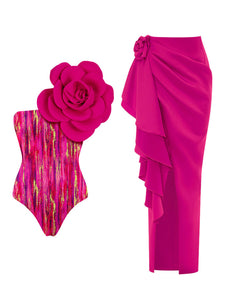 Rose One Shoulder Flower Swimsuit With Bathing Suit Warp Skirt