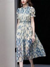 Load image into Gallery viewer, Blue Floral Print Puff Sleeve Organza 1950S Dress