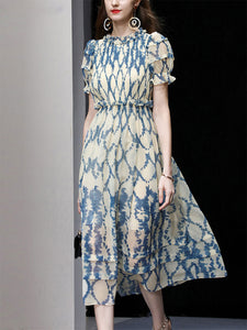 Blue Floral Print Puff Sleeve Organza 1950S Dress