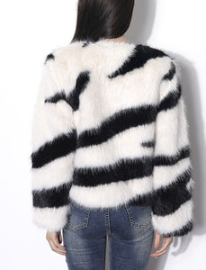 Black and White Zebra Stripes Faux Fur Long Sleeve Coat Women Winter Coat