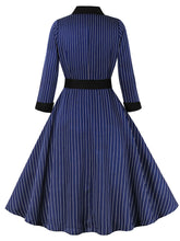 Load image into Gallery viewer, 1950S Navy Vertical Stripes 3/4 Sleeve Vintage Swing Dress