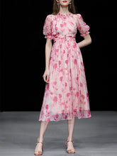 Load image into Gallery viewer, Pink Floral Print Ruffles 1950S Chiffon Vintage Dress