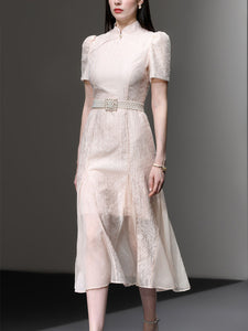 Apricot Stand Collar Mermaid Cheongsam Dress With Pearl Belt